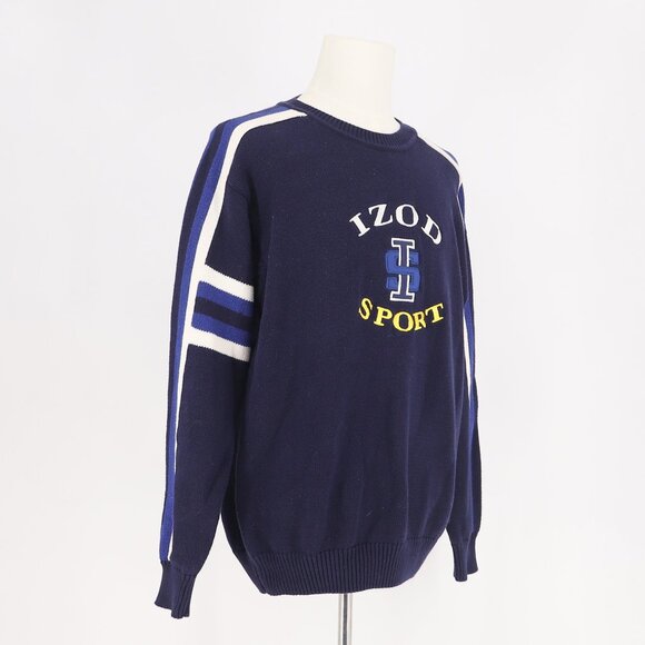 90s VINTAGE IZOD SPORT Racing Stripe Navy Cotton Crewneck Sweater Size L - Picture 2 of 6